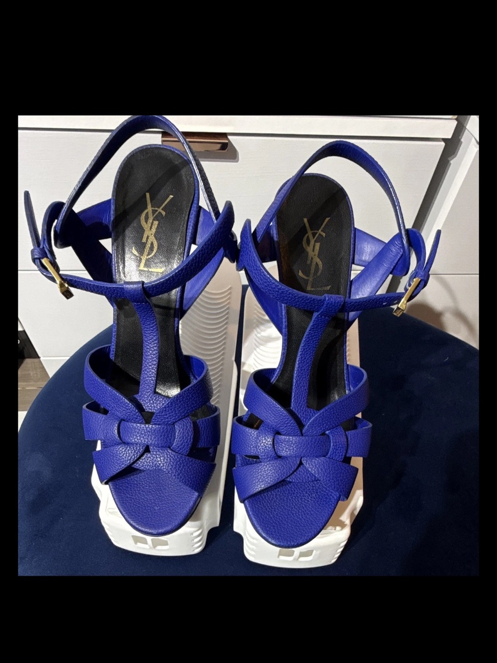 Yves Saint Laurent Tribute Cobalt Blue Leather Platform Sandals with White Sole